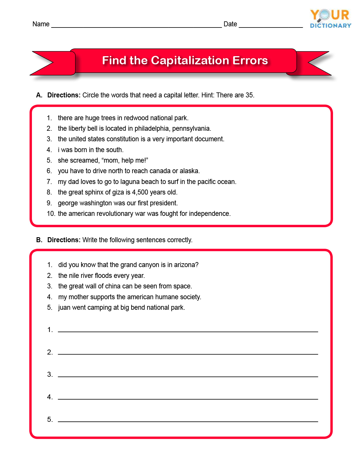 find the capitalization errors worksheet 3rd grade