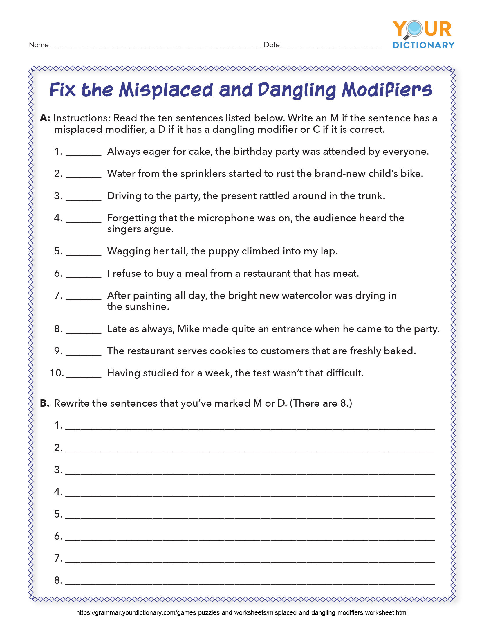 misplaced and dangling modifiers worksheet