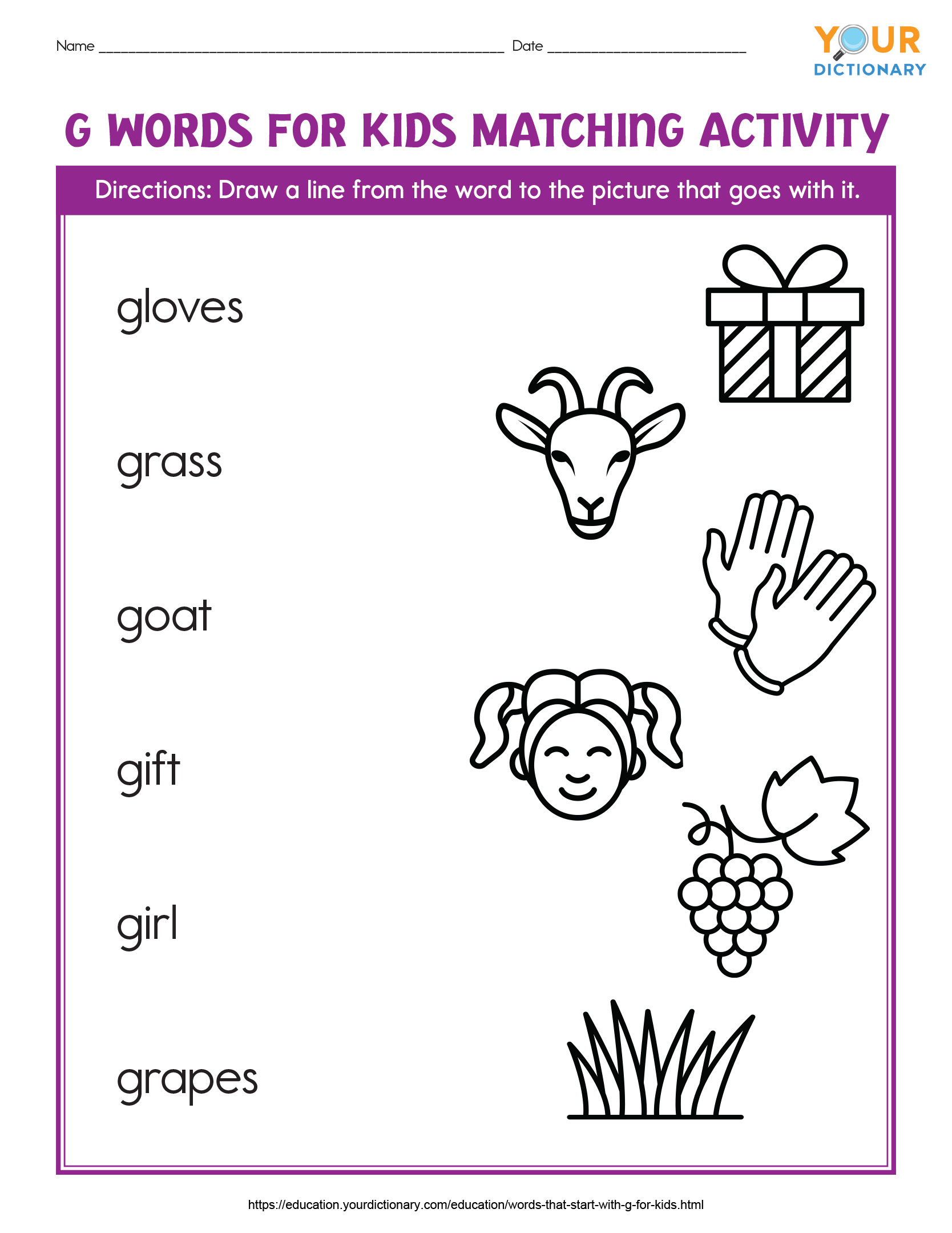 g words for kids matching activity printable