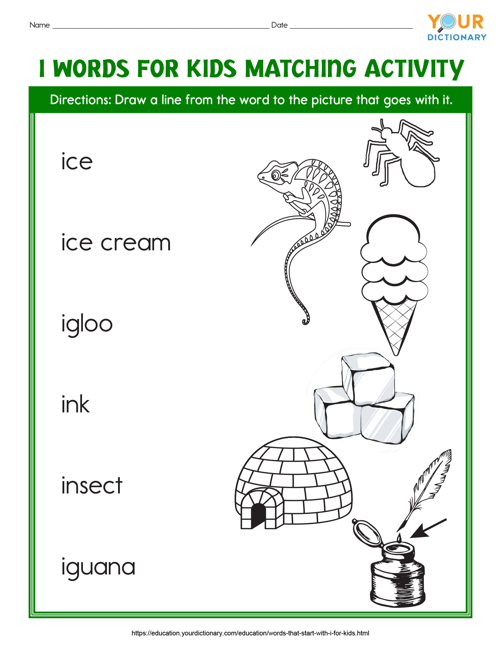 i words for kids matching activity
