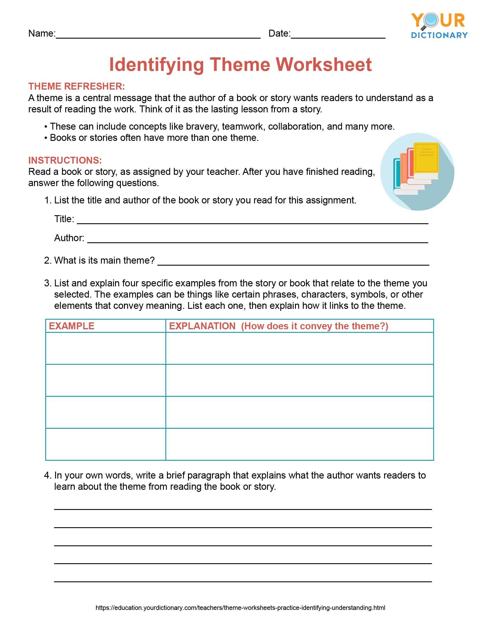 identifying theme worksheet printable pdf