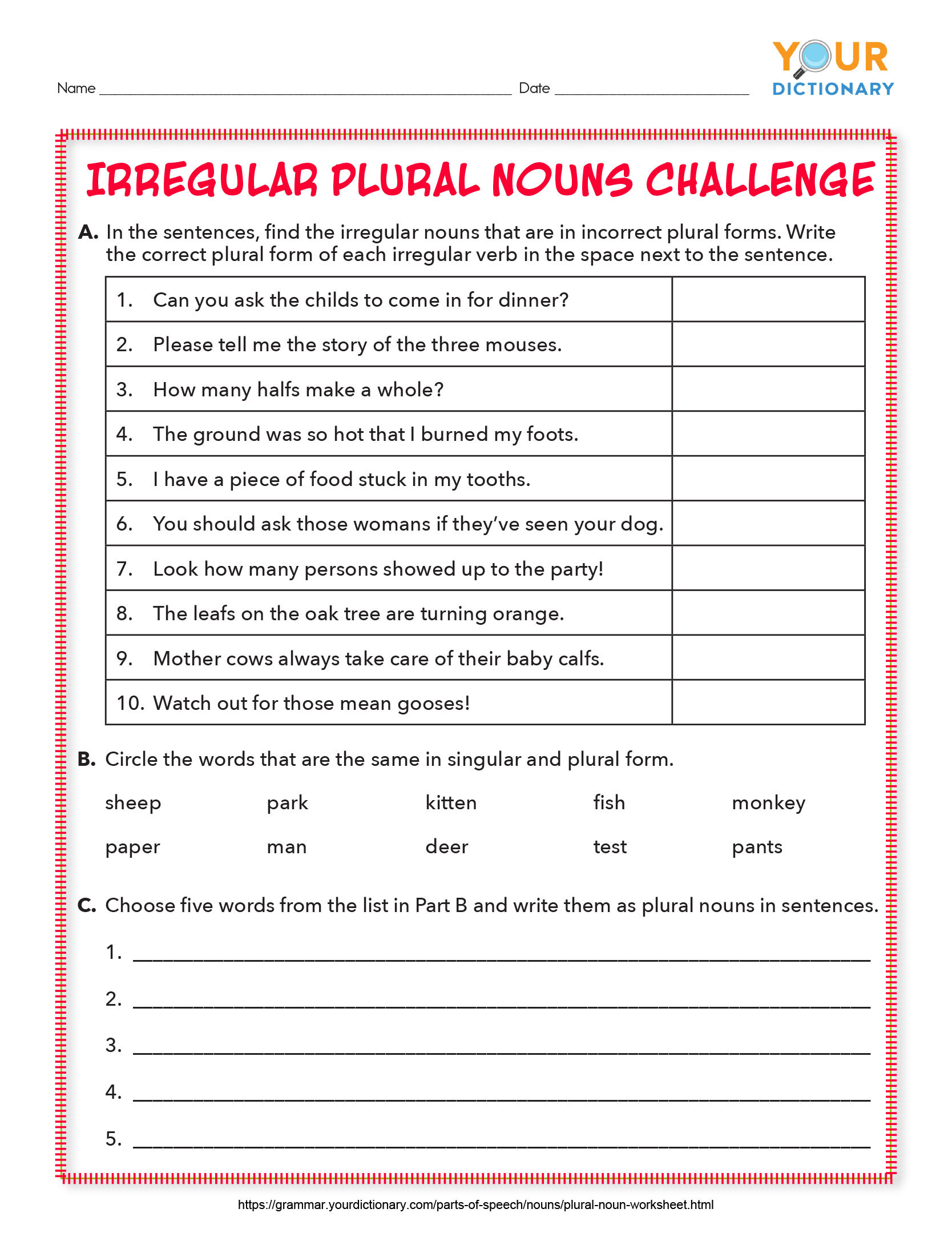Foreign Plural Nouns Worksheets