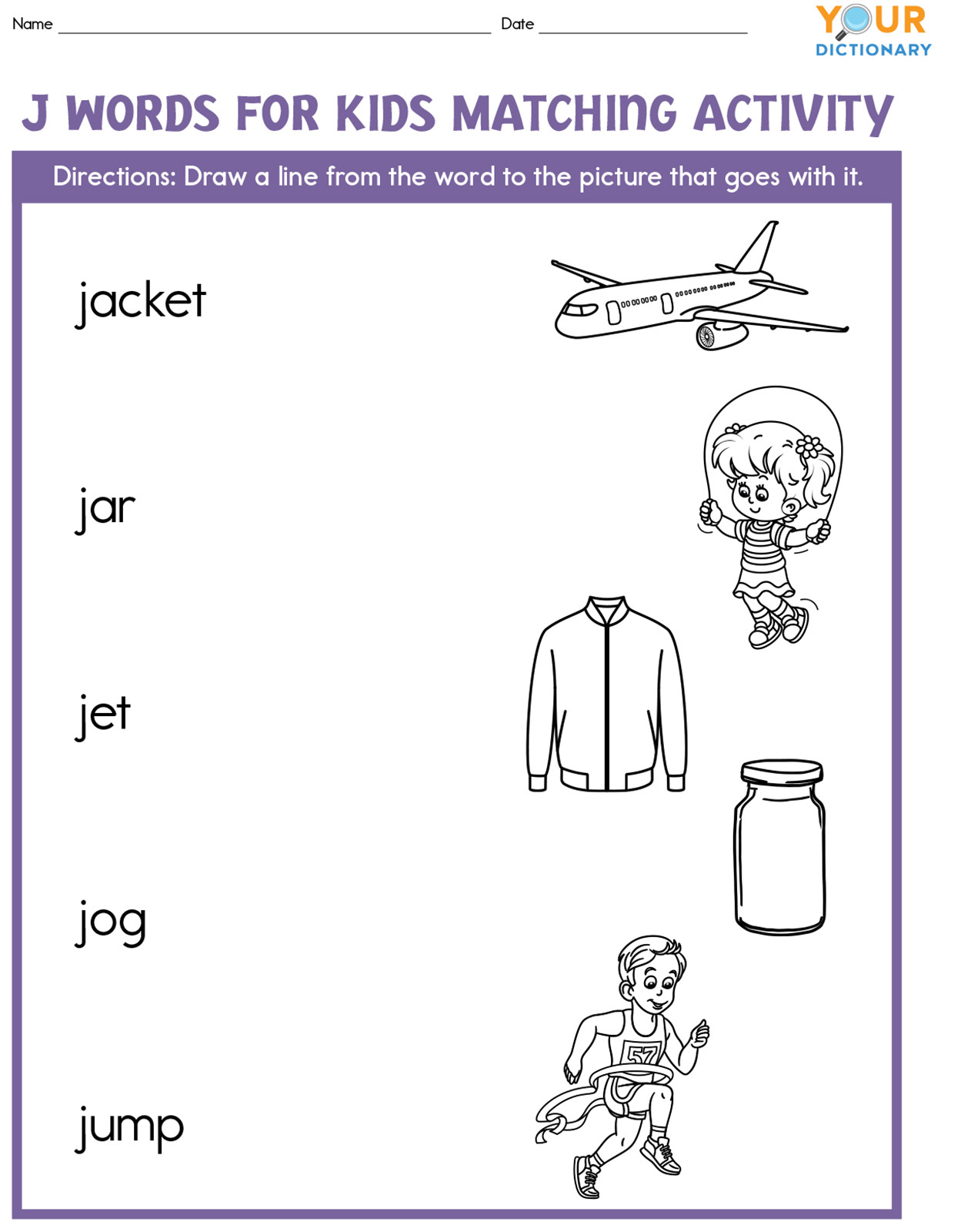 j words for kids matching activity worksheet