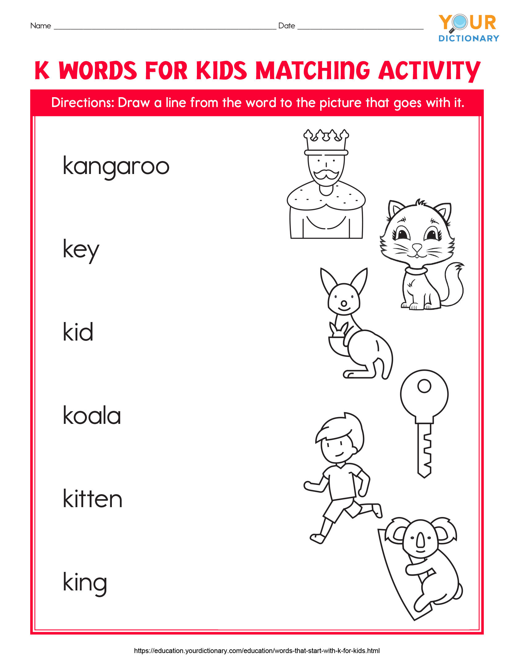 k words for kids matching activity