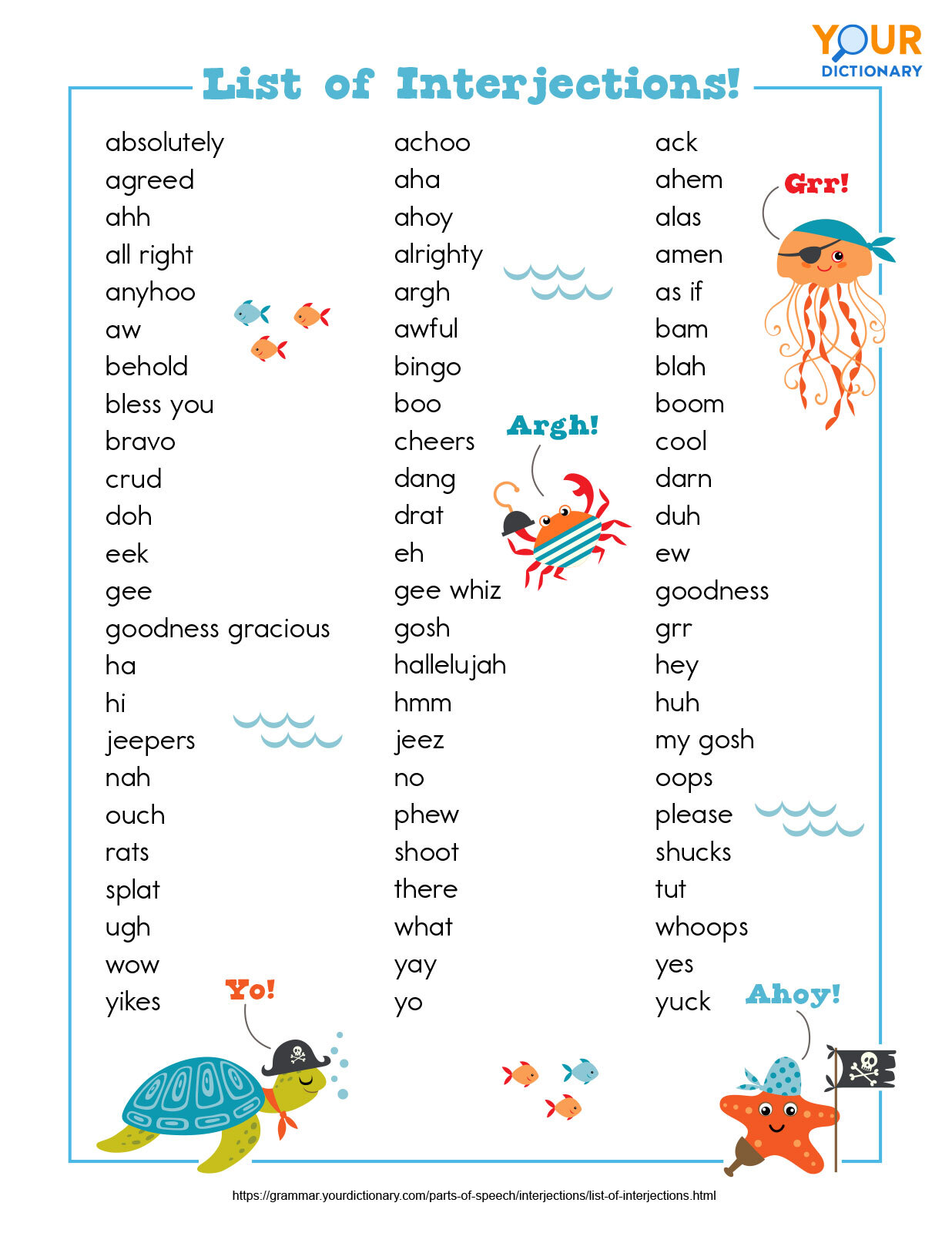 printable chart list of interjections for kids