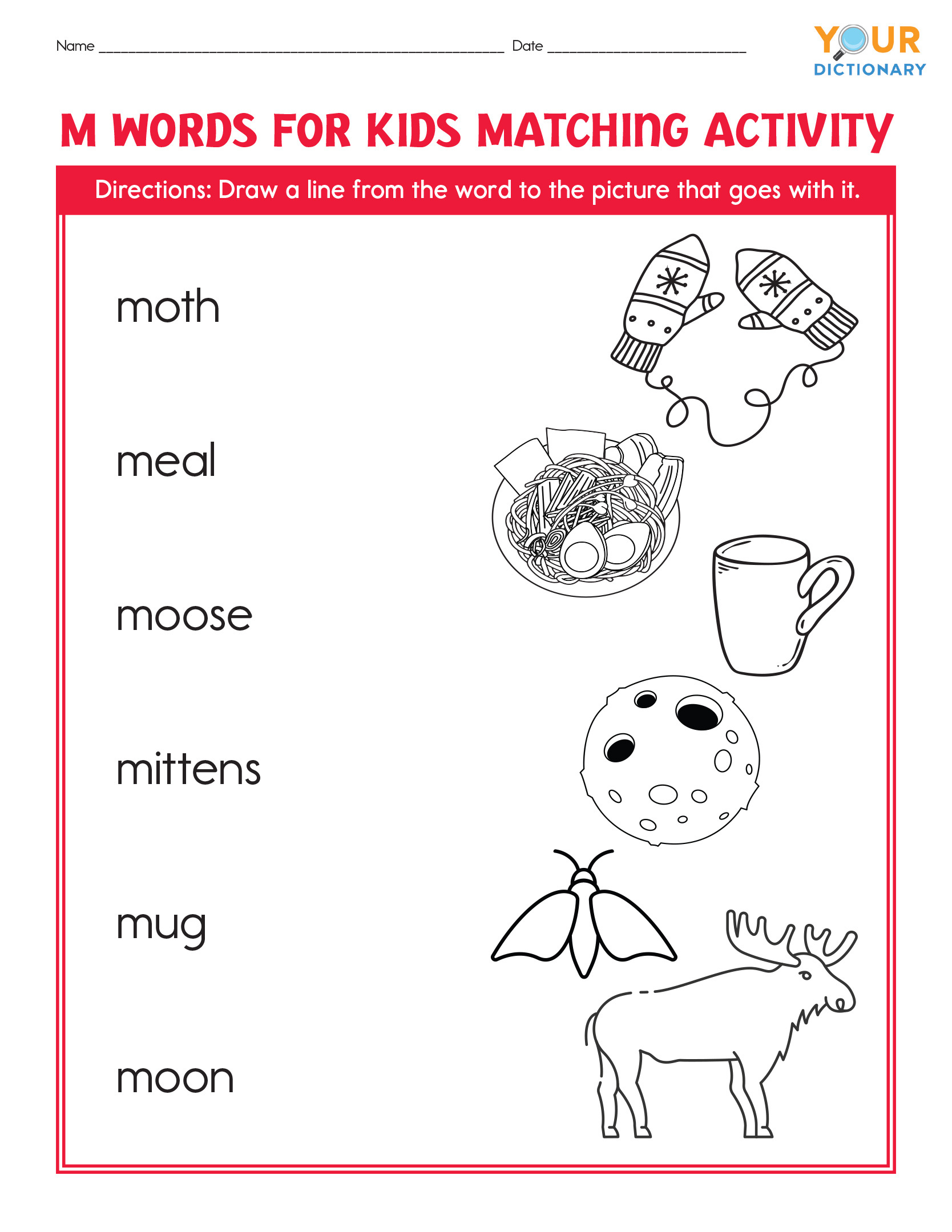 m words for kids matching activity