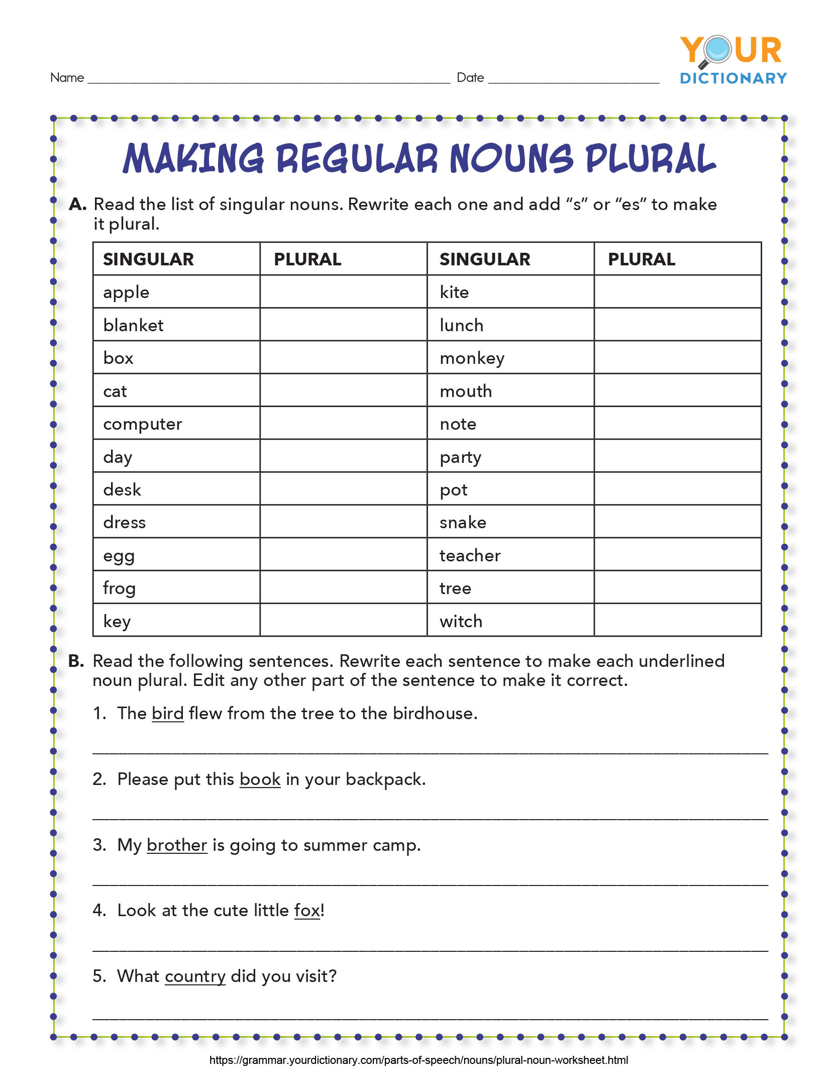 making regular nouns plural printable
