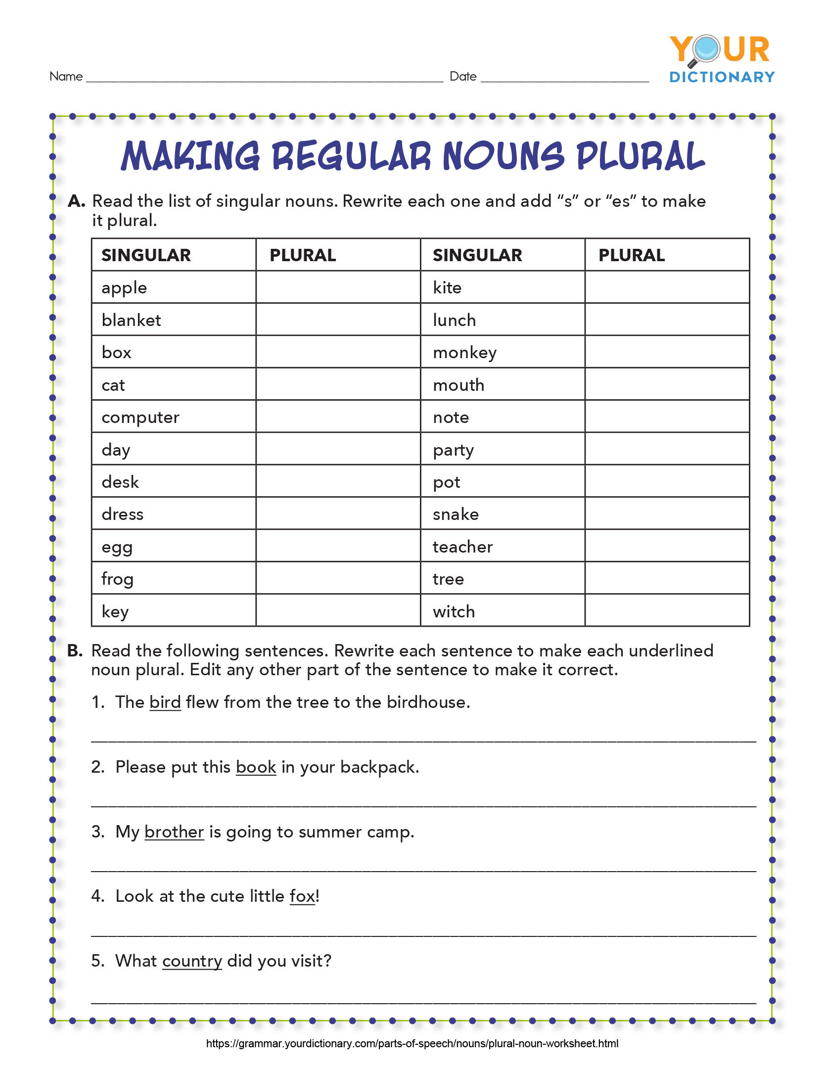 plural noun worksheets practice forming plurals