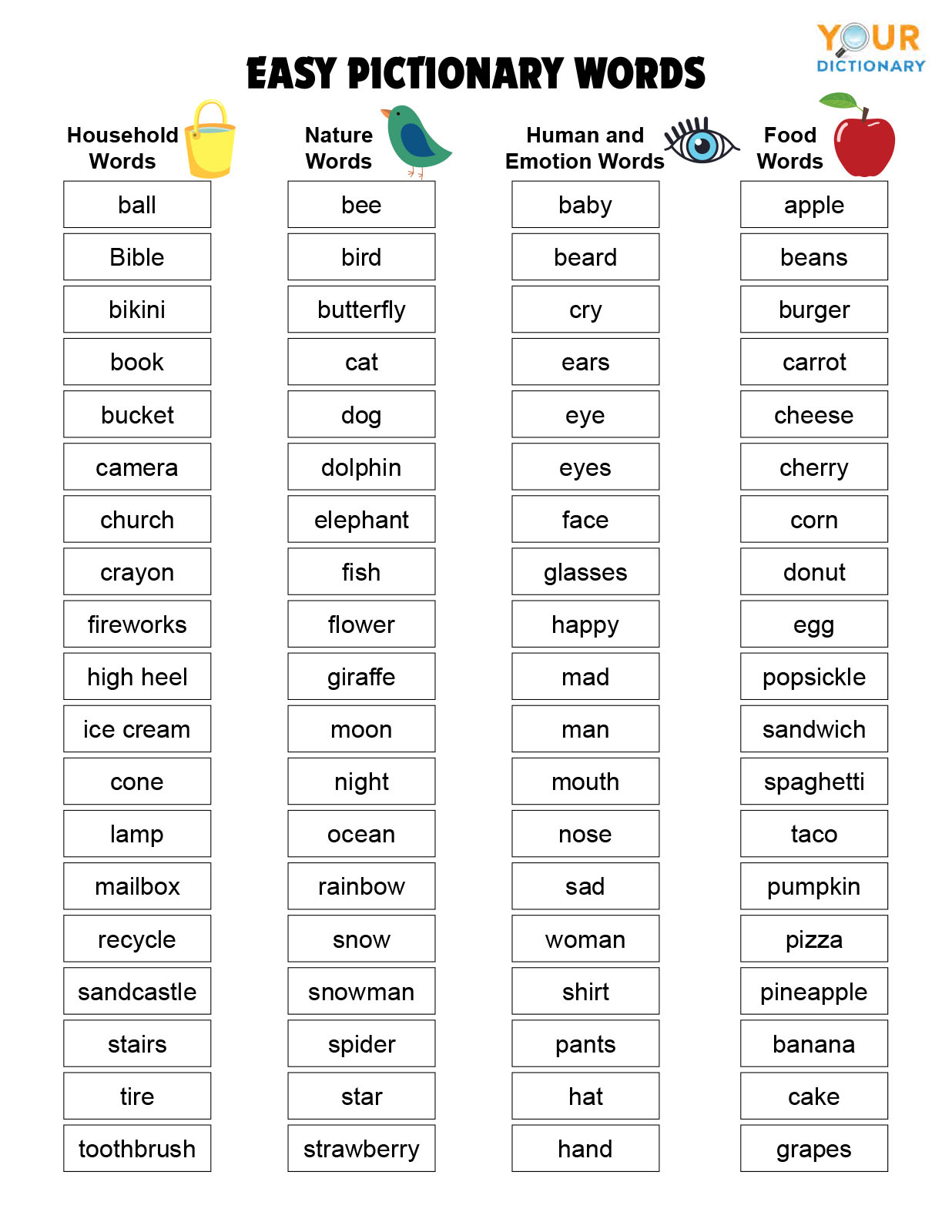 Easy Pictionary Word List