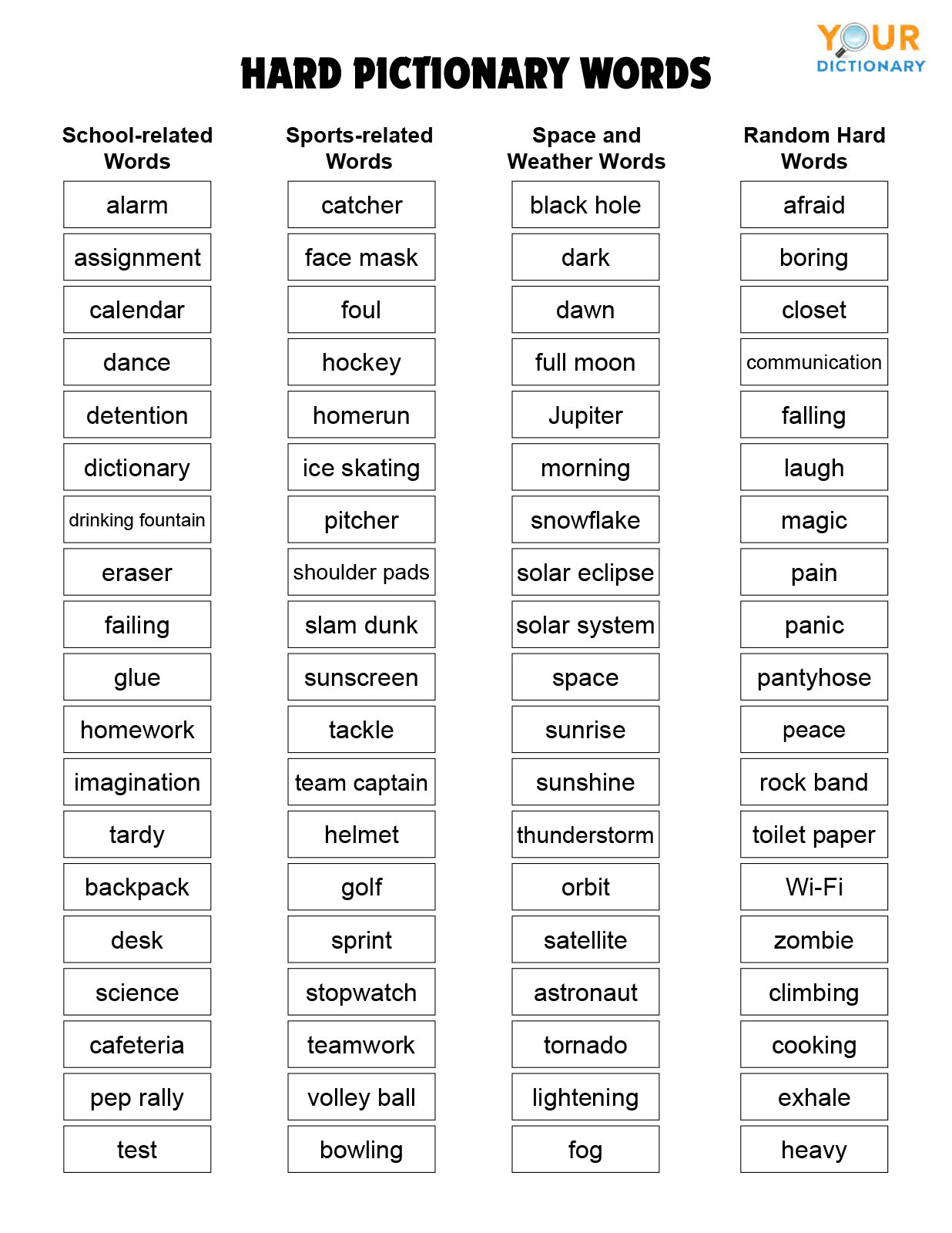 Hard Pictionary Words List