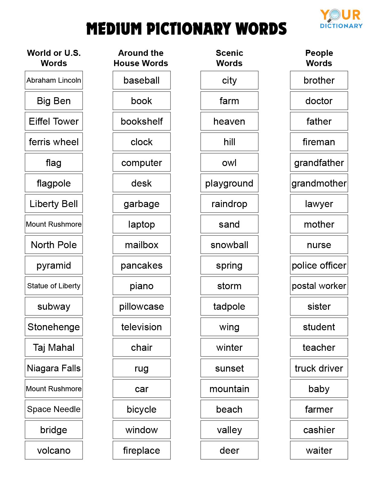 Medium Pictionary Word List