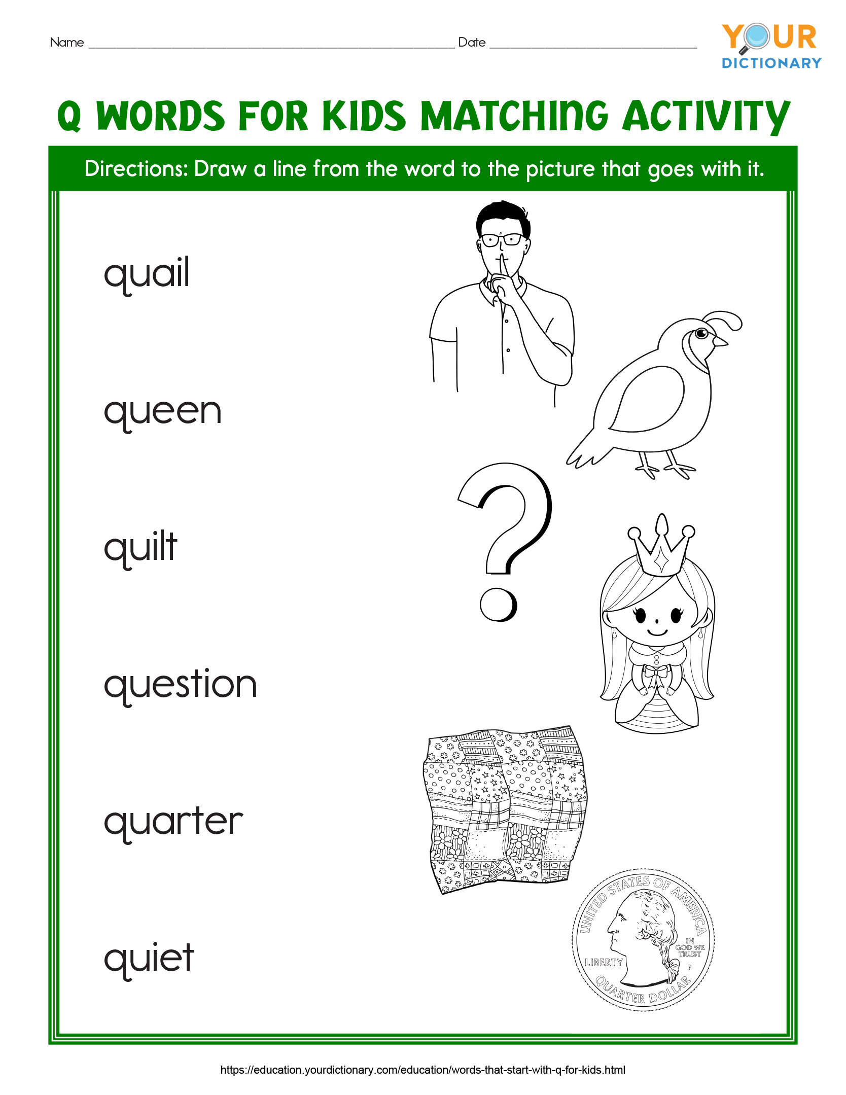 q words for kids matching activity printable