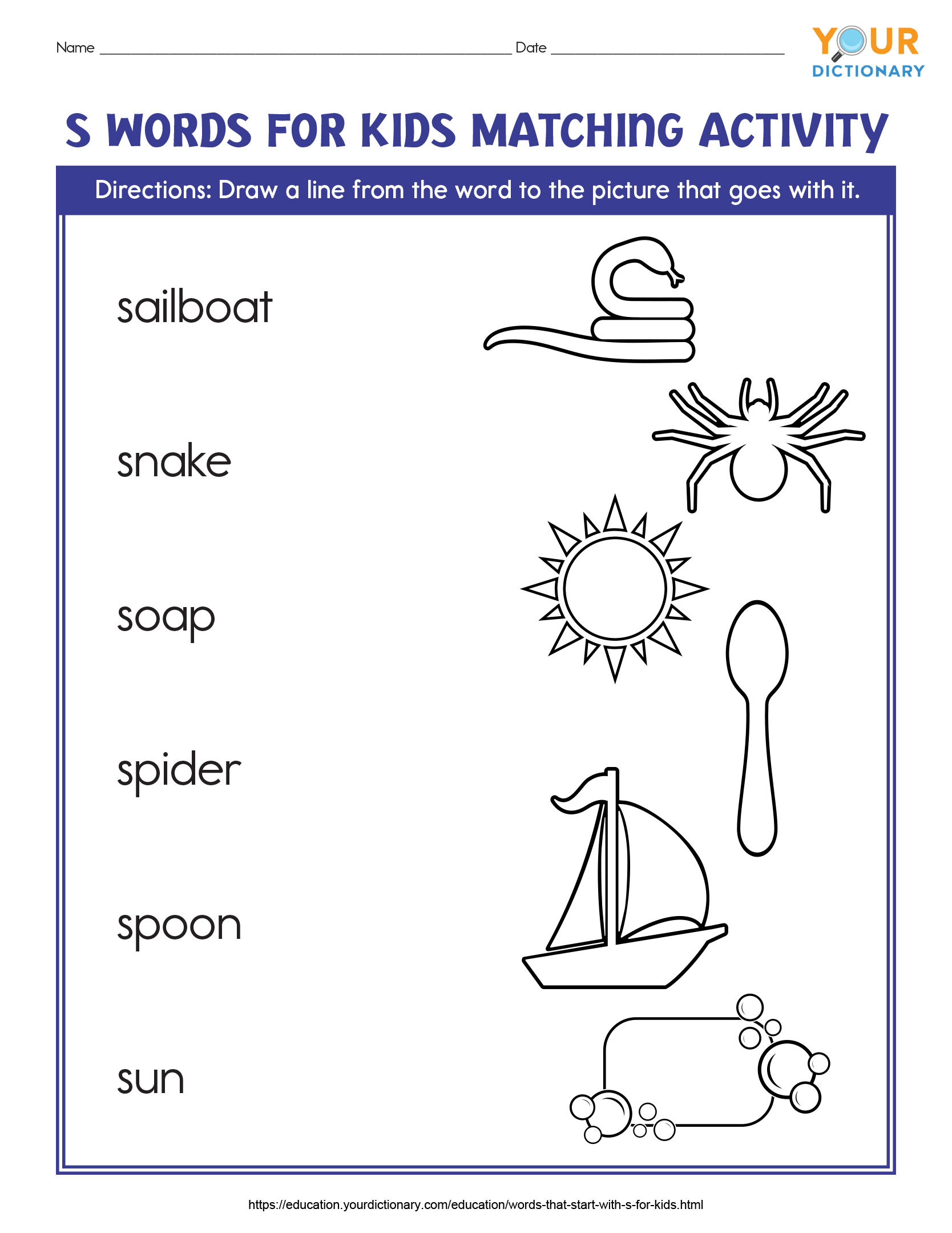 s words for kids matching activity