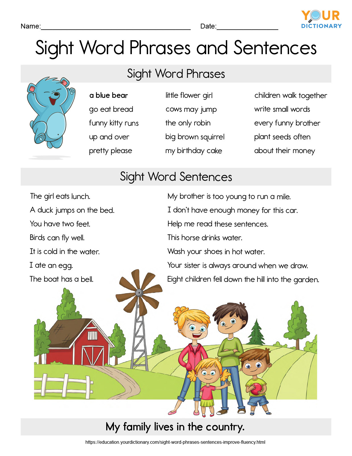 sight word phrases and sentences