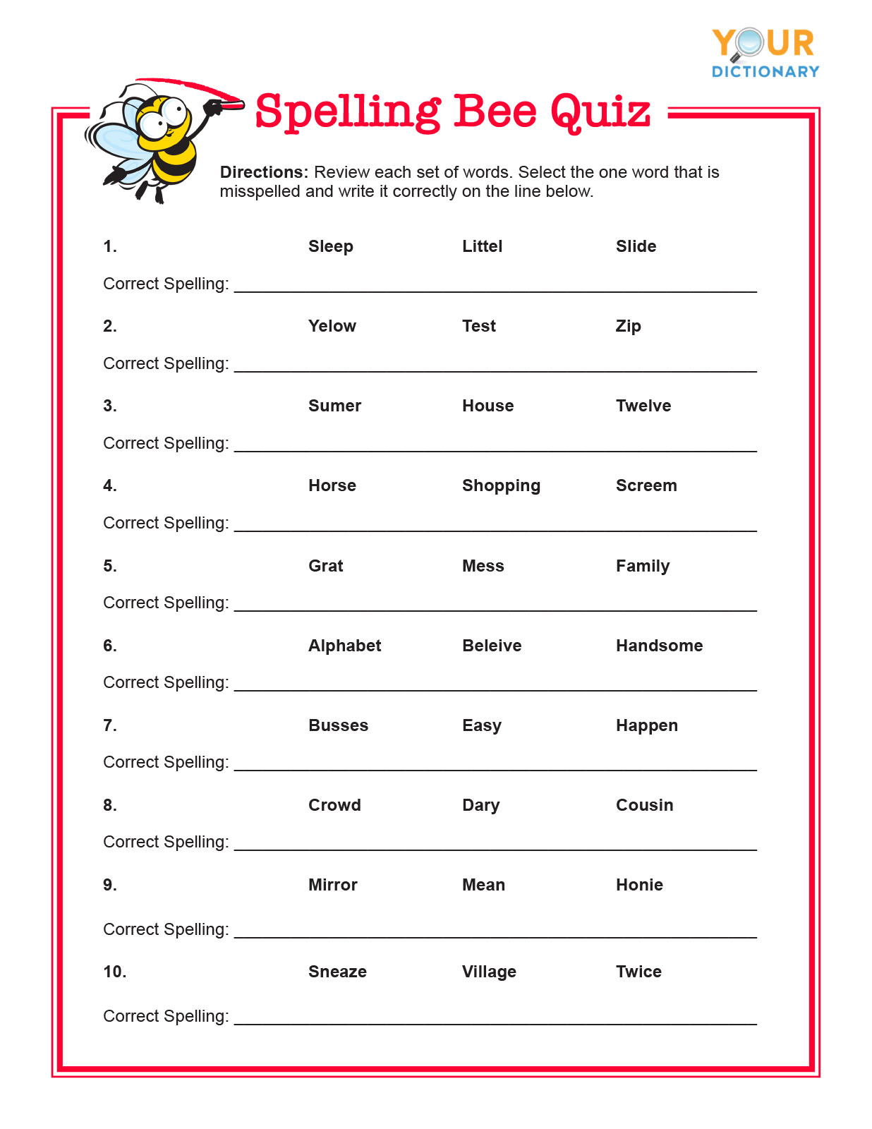 spelling bee quiz for grades 1-3