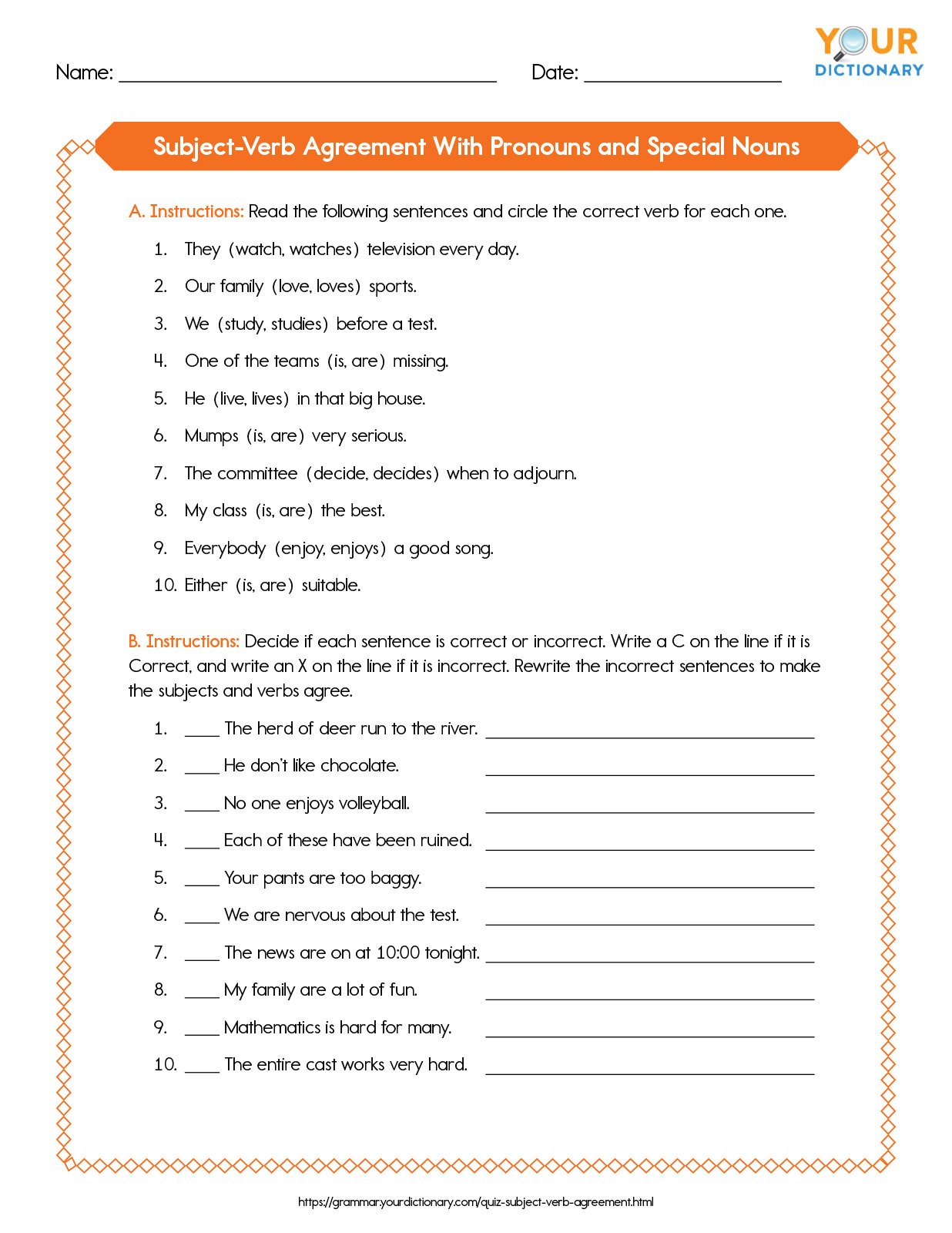 Subject Verb Agreement Quiz Two Practice Tests With Answers