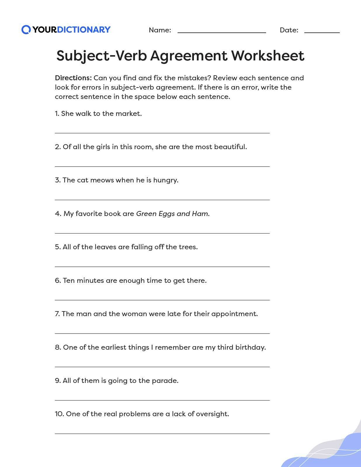 Noun Verb Subject Worksheets Middle School