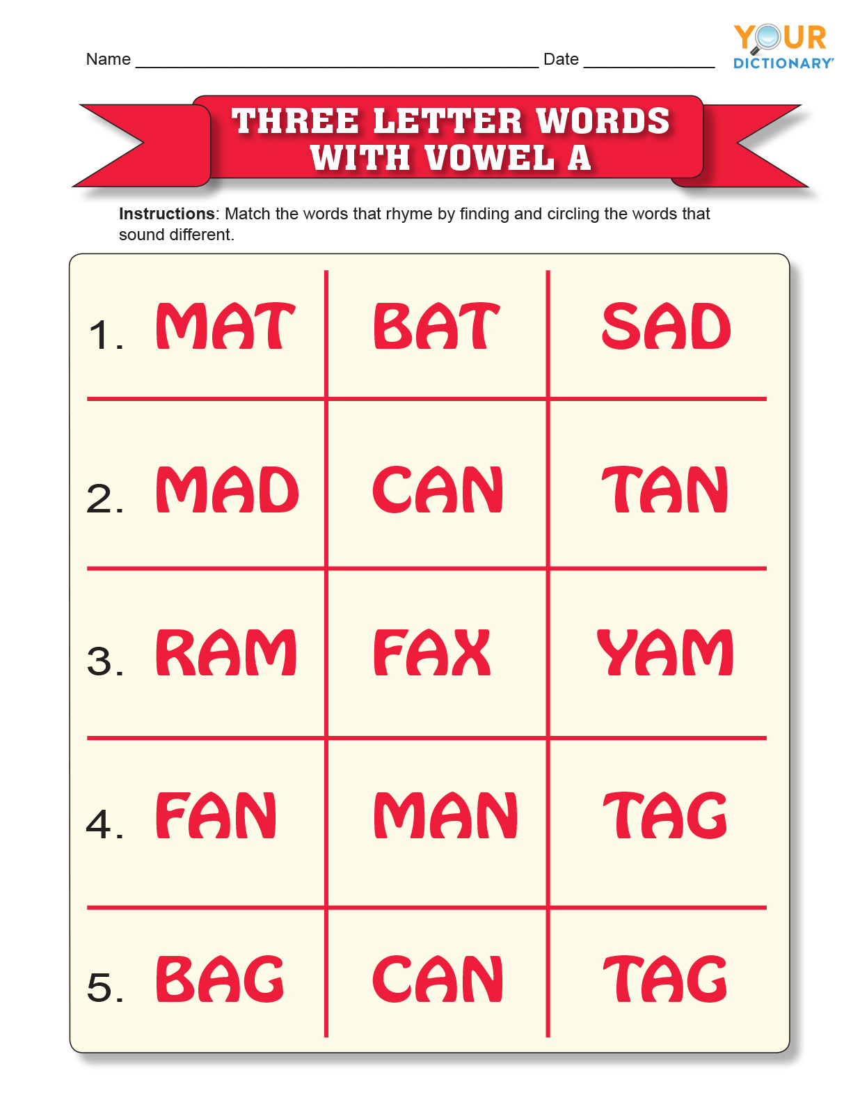 Three letter words with vowel a