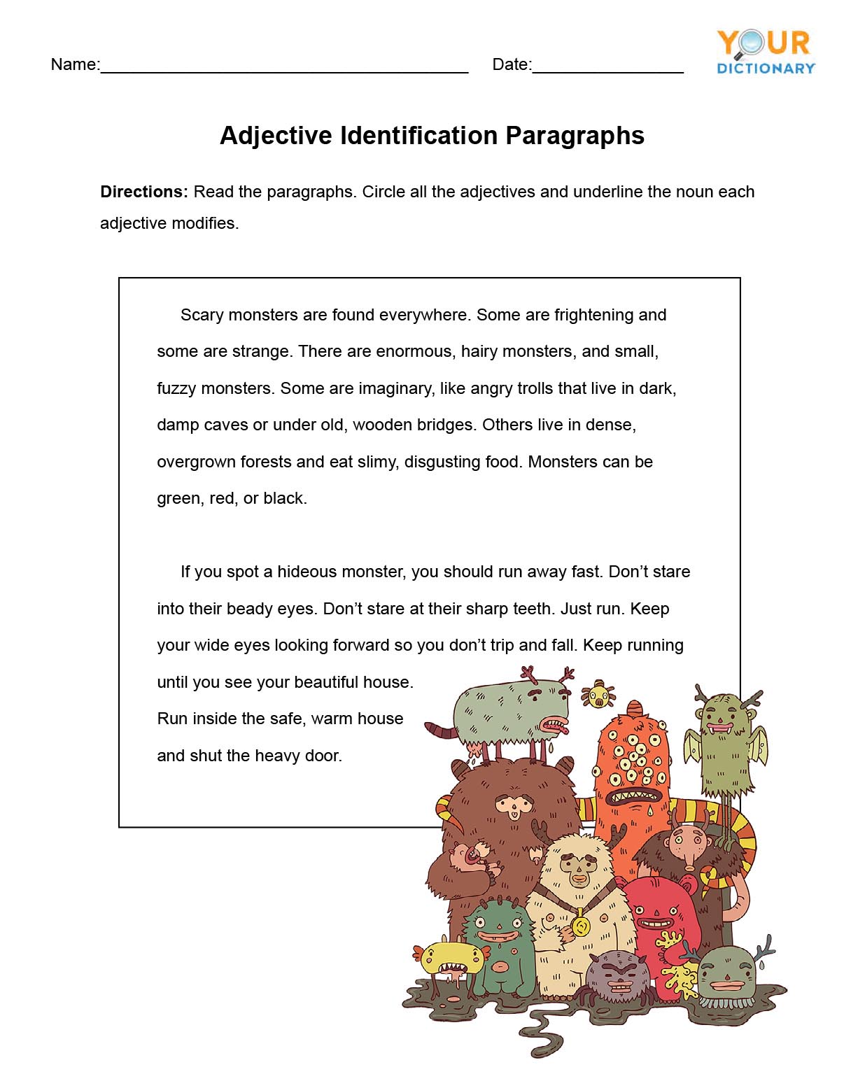 adjective identification paragraphs worksheet