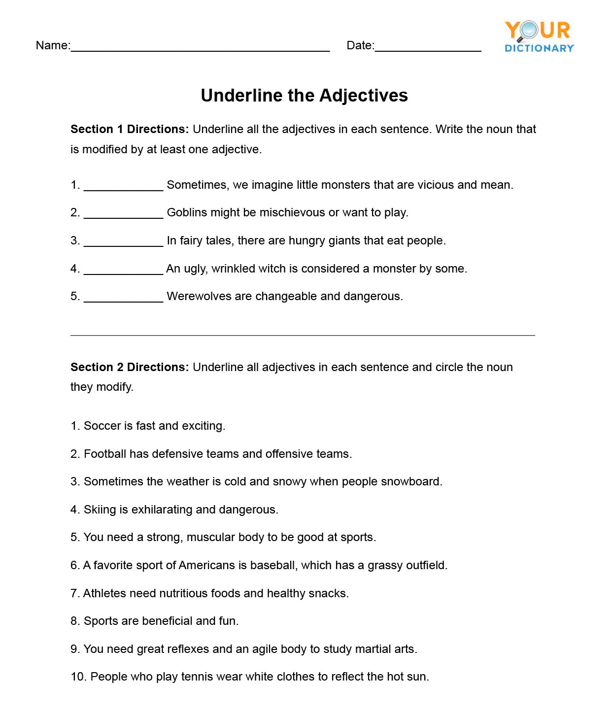 underline adjectives worksheet