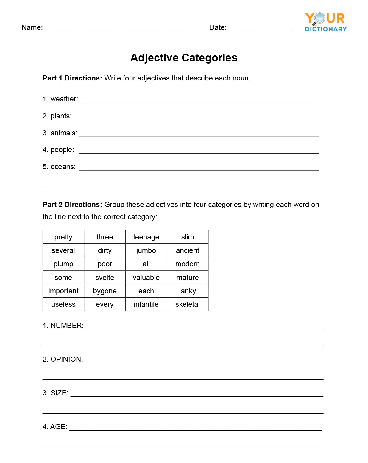 Adjective Categories Worksheet