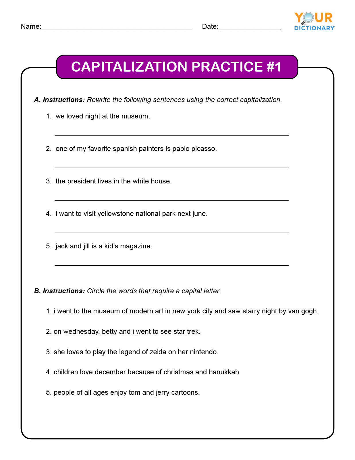 Capitalization Worksheets Printable Worksheets