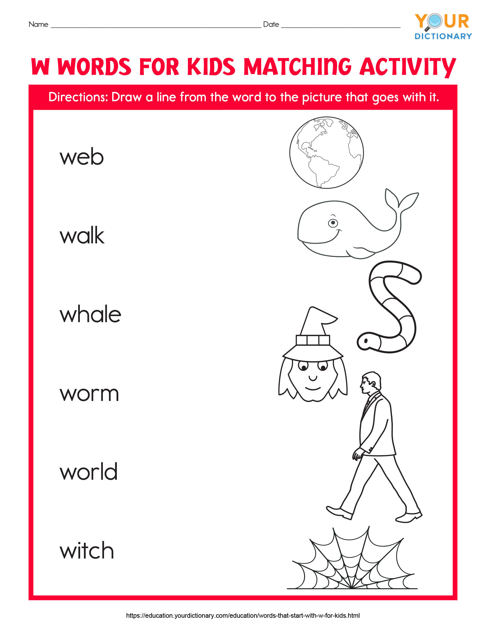 w words for kids matching activity