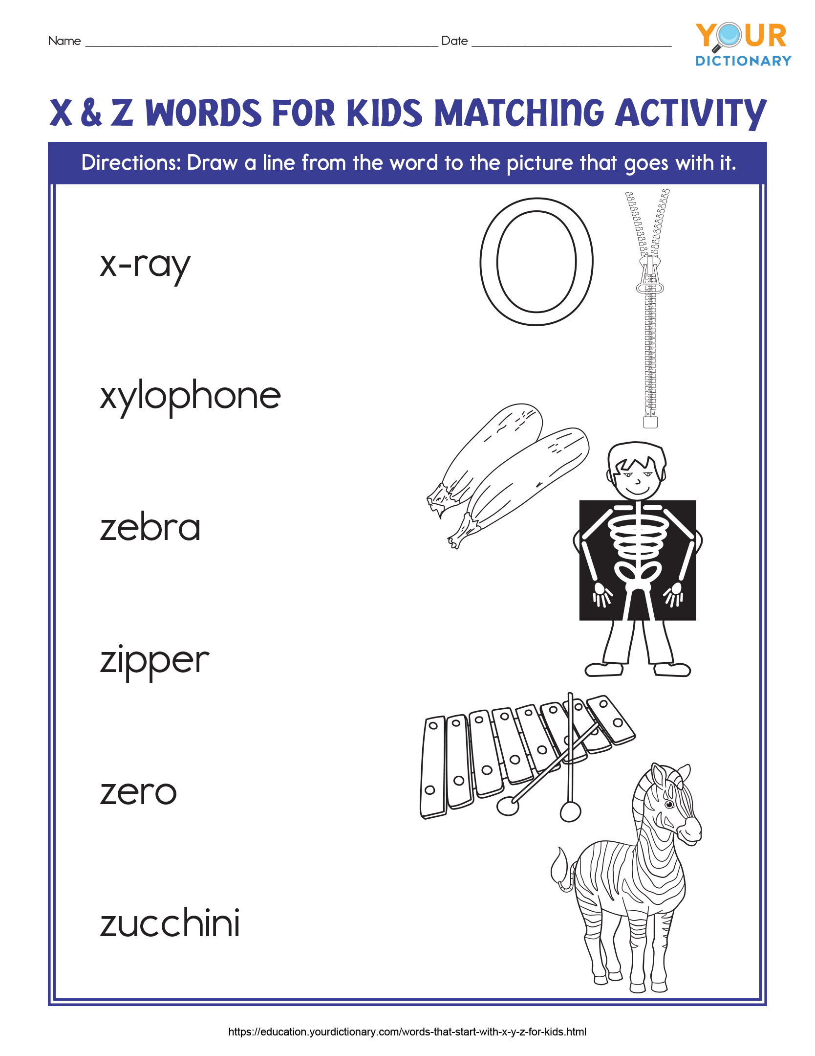 xyz words for kids matching activity